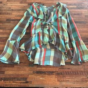 Etro silk plaid ruffle top